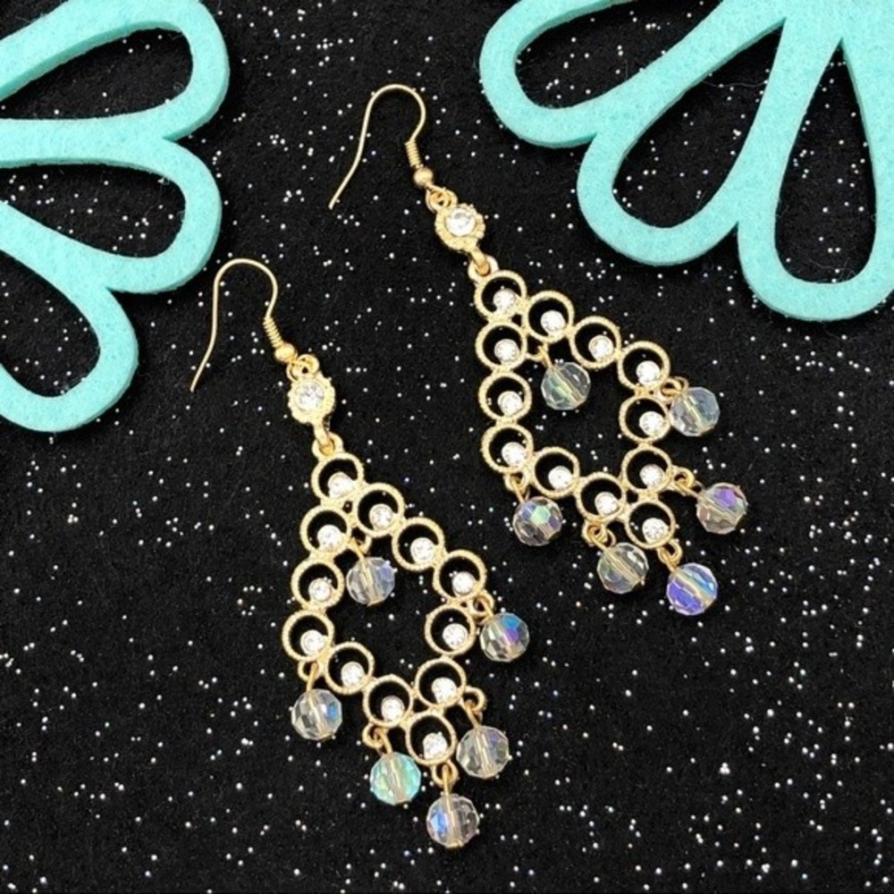🌼 Gold Bead Drop Rhinestone Chandelier Dangle Earrings